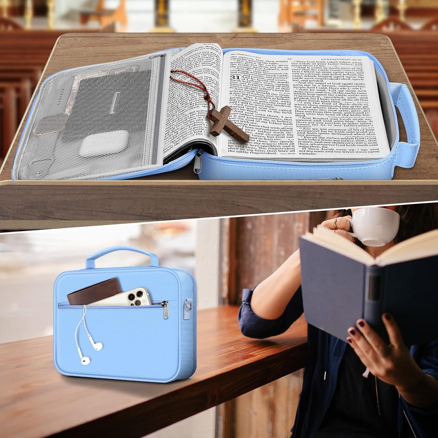 Funda grande con correa para el hombro, estuche para libros, con ranuras para bolígrafos y bolsillo con cremallera -  color azul pastel