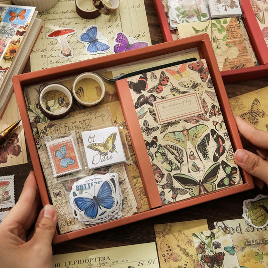 Emmoolife Kit de suministros de álbumes de recortes estéticos vintage, kit de álbum de recortes de mariposa con suministros de diario, cuaderno de cuadrícula A6, papelería, juego de regalo KEEPLIVINGFASTER