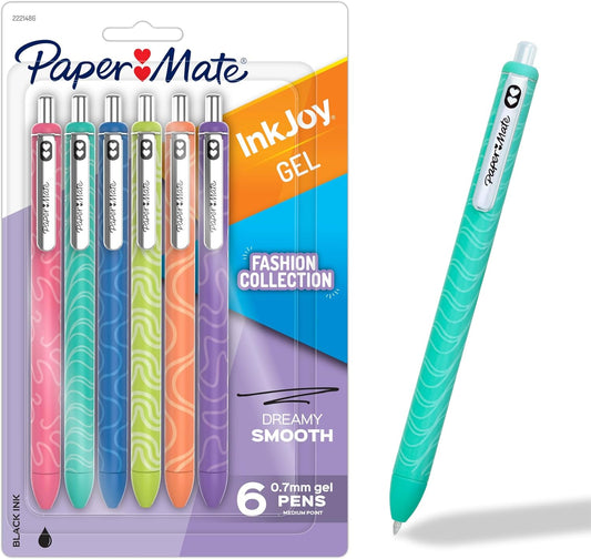 Paper Mate InkJoy Bolígrafos de gel, barriles de moda, retráctiles, punta media (0.028 in), escritura suave, tinta negra, 6 unidades, suministros de oficina de moda