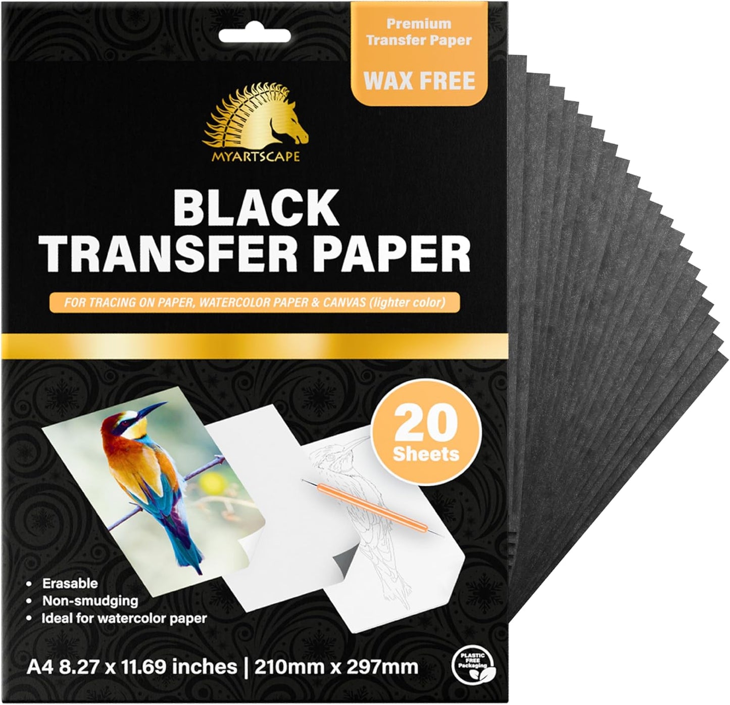 Papel de transferencia de grafito MyArtscape, 20 hojas negras - Sin cera - Borrable - Sin manchas - Ideal para dibujo, trazado y transferencia de acuarela - Suministros premium de arte y manualidades