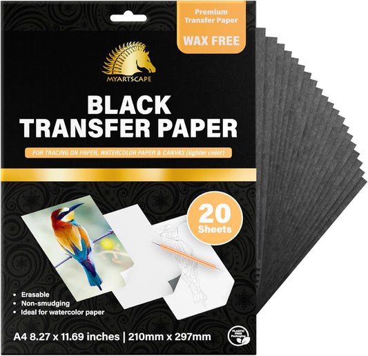 Papel de transferencia de grafito MyArtscape, 20 hojas negras - Sin cera - Borrable - Sin manchas - Ideal para dibujo, trazado y transferencia de acuarela - Suministros premium de arte y manualidades