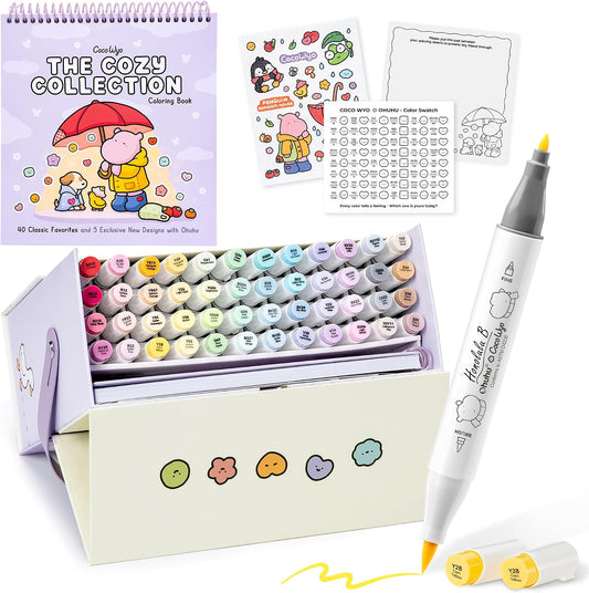 RESERVA - Ohuhu × Coco Wyo - Juego de marcadores de alcohol para colorear, pincel de marca compartida y marcadores de alcohol finos de 48 colores Honolulu B de tinta recargable con Coco Wyo acogedor libro para