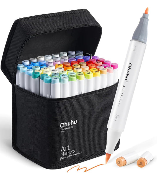 (OHUHU marcadores de arte de artista, para colorear e ilustración, 72 colores únicos + 1 mezclador de marcadores de alcohol + estuche para marcador, bullet y punta de pincel. Ohuhuhu