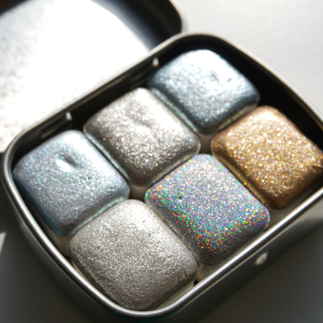 TheoryTheShop - Set SILVER de acuarelas artesanales súper brillantes HALF PAN (6)