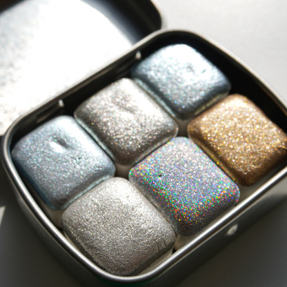 TheoryTheShop - Set SILVER de acuarelas artesanales súper brillantes HALF PAN (6)