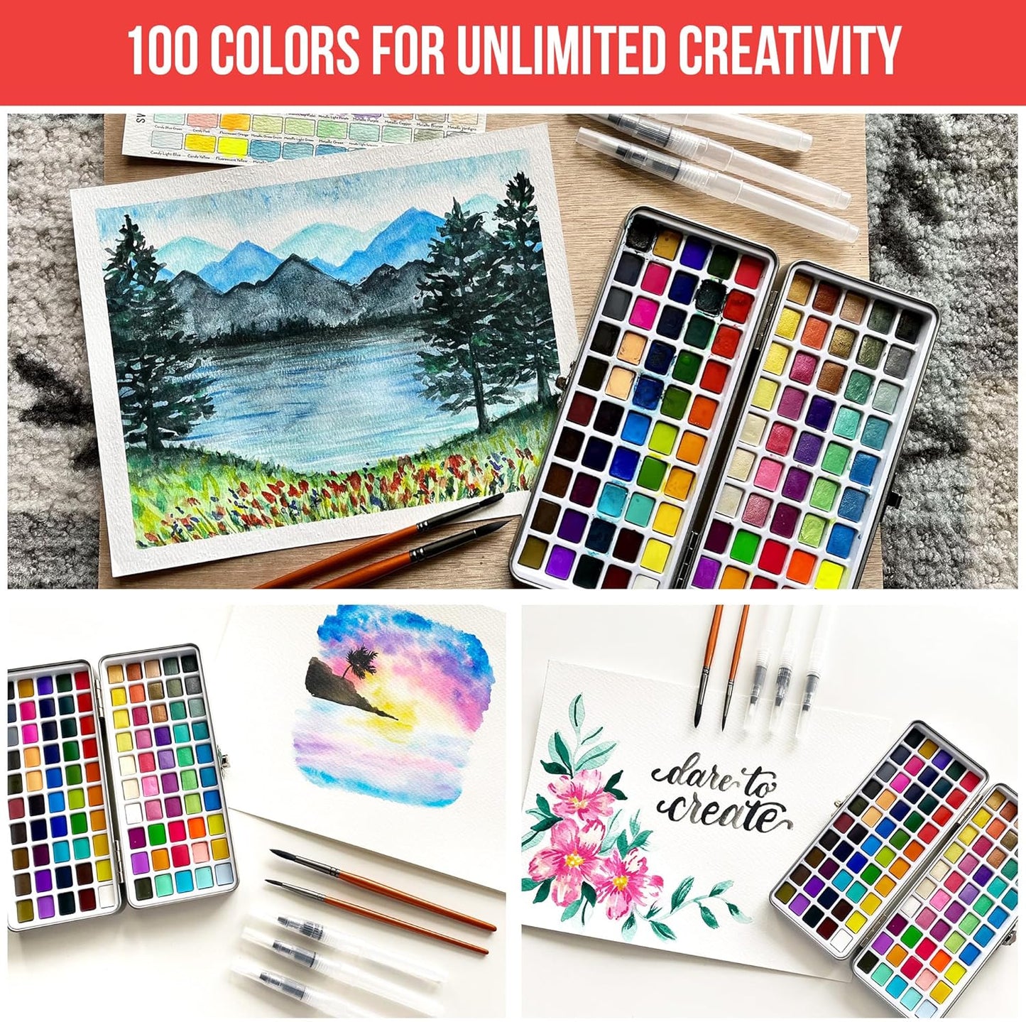 Juego de pintura de acuarela con 100 colores brillantes: para adultos principiantes y profesionales con metálico, paleta de arte de acuarela de tamaño de viaje KEEPLIVINGFASTER
