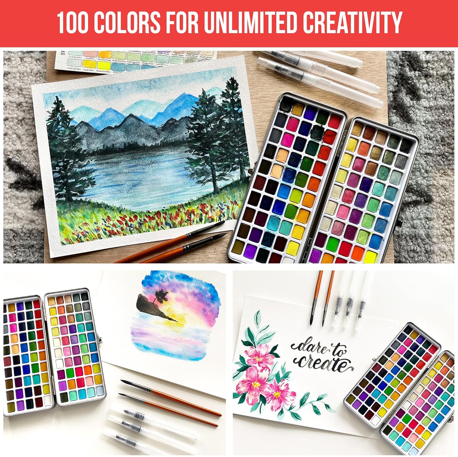 Juego de pintura de acuarela con 100 colores brillantes: para adultos principiantes y profesionales con metálico, paleta de arte de acuarela de tamaño de viaje KEEPLIVINGFASTER