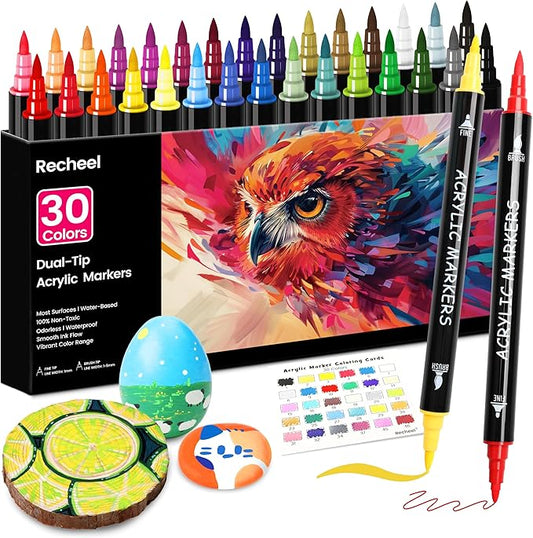 30 colores marcadores de pintura acrílica, punta doble fina y de pincel para arte detallado, manualidades, pintura en roca, madera, vidrio, cerámica y más Visita la tienda de Recheel
