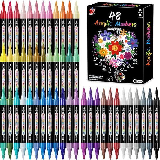 RESERVA - Marcadores de pintura acrílica, 48 colores de doble punta, impermeables, no tóxicos, de secado rápido para pintura roca, madera, vidrio, cerámica, tela