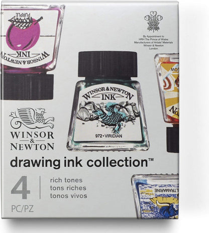 Winsor & Newton Juego de 4 tintas de dibujo de colección, tonos ricos