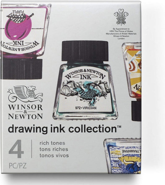 Winsor & Newton Juego de 4 tintas de dibujo de colección, tonos ricos