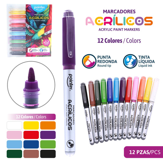 Marcadores Acrílicos Pointer – Set de 12 Colores punta de bala