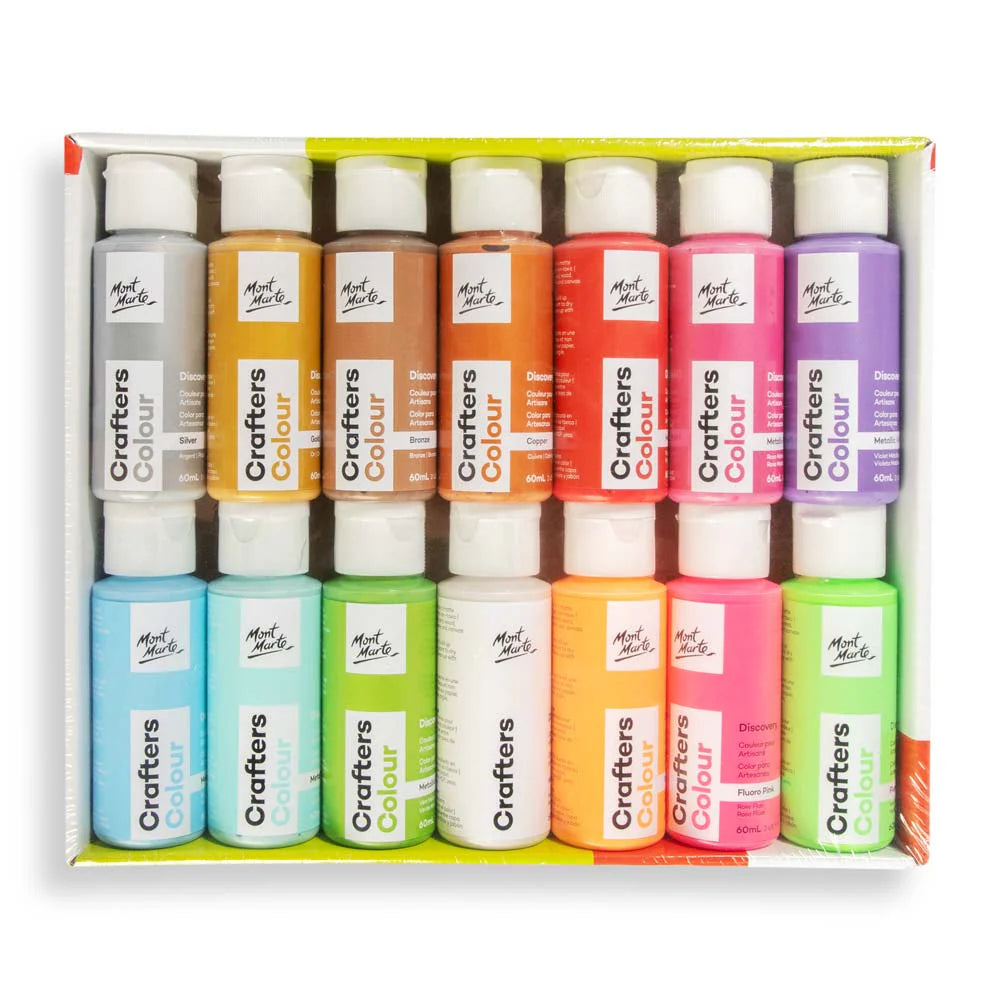 Mont Marte Set de pinturas metálicas y fluoradas de Crafters Colour Discovery, 14 unidades x 60 ml