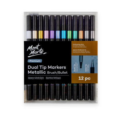 Mont Marte - Marcadores de doble punta metálicos de pincel/bala premium, 12 unidades