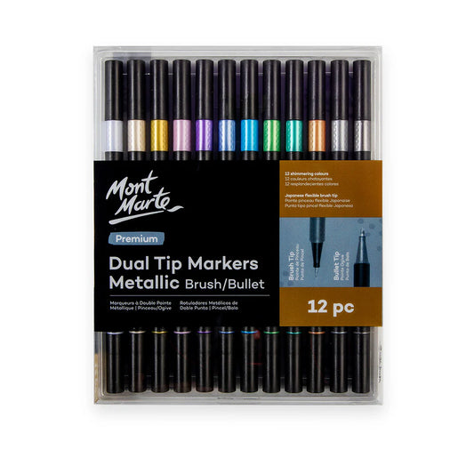 Mont Marte - Marcadores de doble punta metálicos de pincel/bala premium, 12 unidades