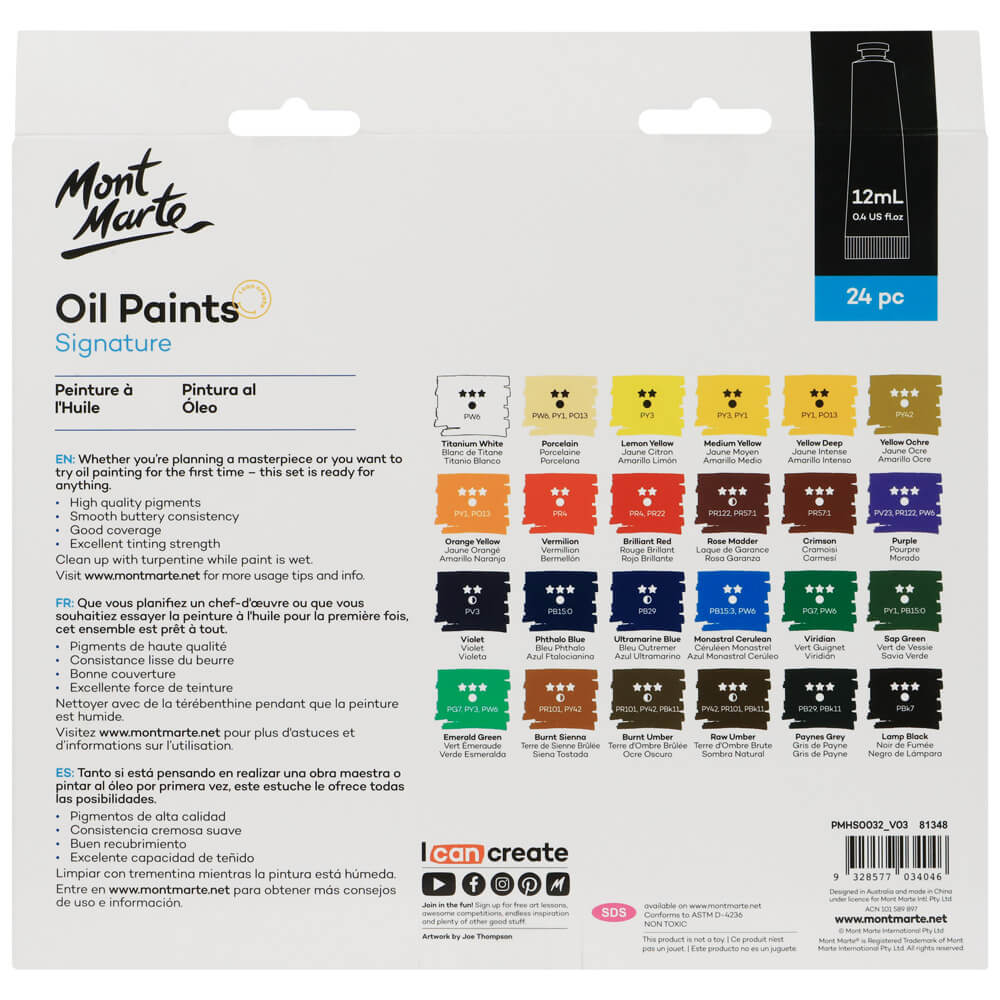 Mont Marte - Pinturas al óleo Signature, 24 unidades x 12 ml (0,4 onzas líquidas)
