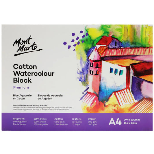Mont Marte - Bloque de papel de acuarela de algodón premium de 300 g/m², tamaño A4 (11,7 x 8,3 pulgadas), 12 hojas