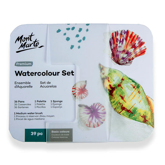 Mont Marte Set de acuarela en lata premium de 39 piezas