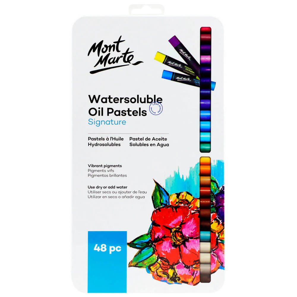 Mont Marte - Pasteles al óleo solubles en agua en caja de hojalata Signature, juego de 48 piezas