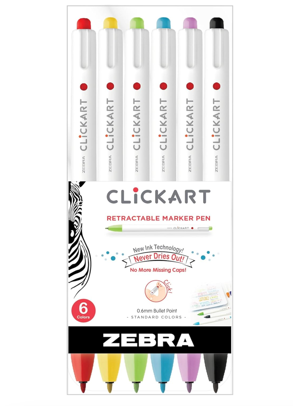 Zebra Pen Click Art - Rotulador retráctil, punta fina, 0.024 pulgadas (0.6mm), colores surtidos, paquete de 6