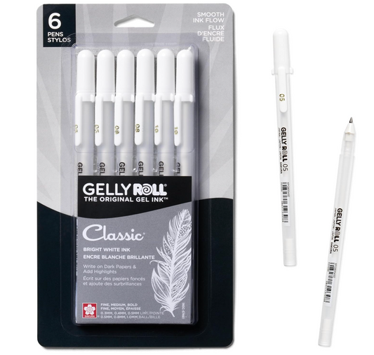 SAKURA Gelly Roll - Bolígrafos de tinta de gel de punta fina, media y gruesa para diario, arte o dibujo, tinta blanca clásica, 05/08/10 tamaños de punta surtidos, paquete de 6