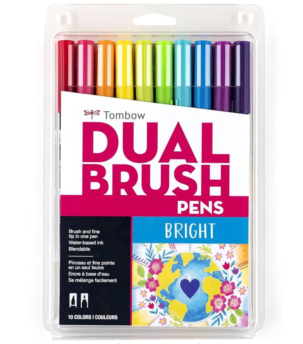 Tombow Marcadores artísticos de doble pincel, brillantes, paquete de 10. Marcadores mezclables, con pincel y punta fina