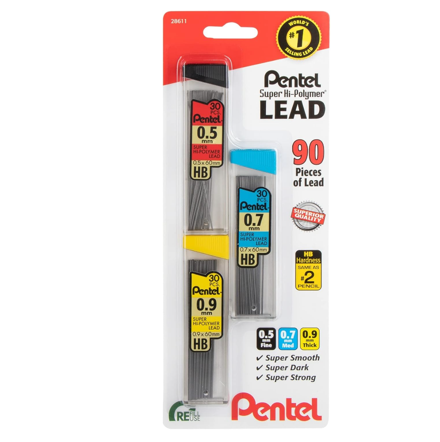 Pentel Super Hi-Polymer - Recambio de minas para lápiz mecánico de 0.020 in, 0.028 in, 0.035 in - 90 repuestos (30 de cada tamaño)