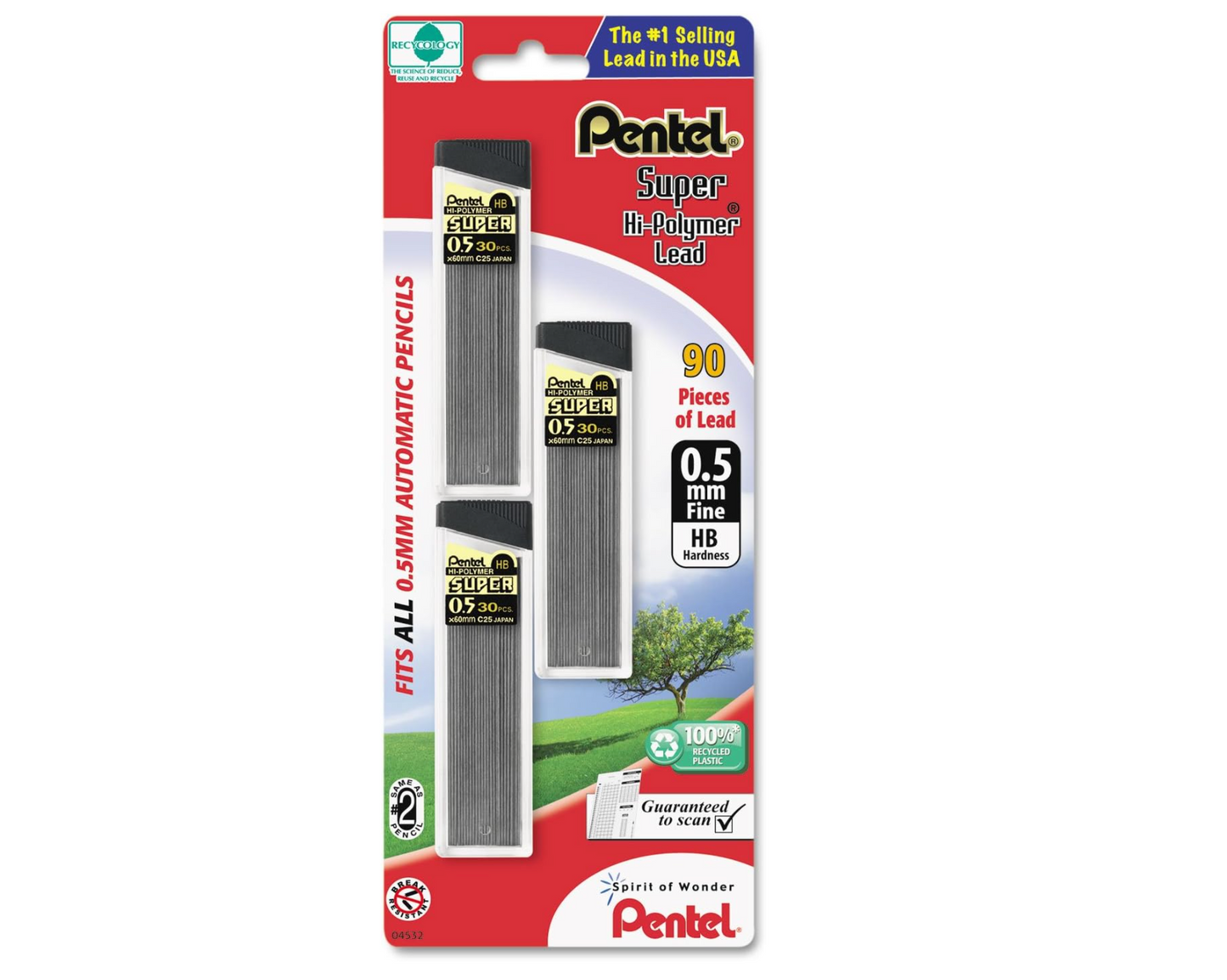 Minas de recambio Pentel Super Hi Polymer, 2 pulgadas, 90 piezas (C25BPHB3-K6), Gris