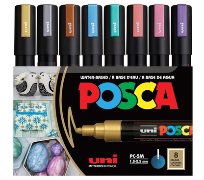 Posca Juego de rotuladores, 8 marcadores de pintura medianos 5M, tonos metálicos: oro, plata, bronce, azul, verde, rojo, rosa, violeta
