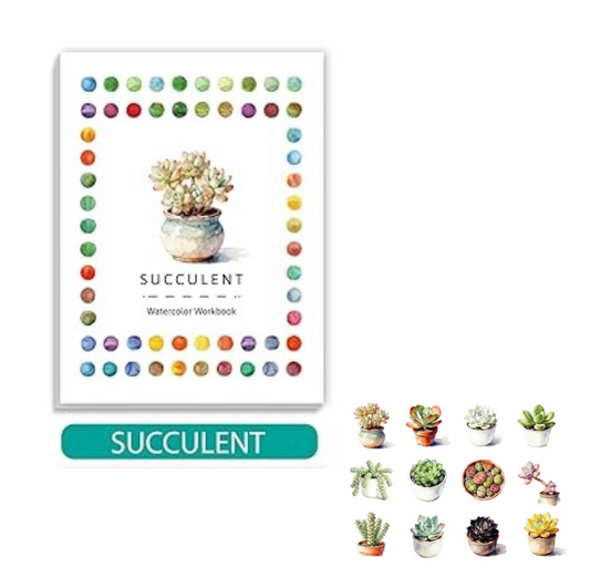 1 cuaderno de acuarela, tamaño:  5.9" x 7.87" -  12 patrones de diseños originales para colorear para adultos aptos para principiantes Tema: Suculentas