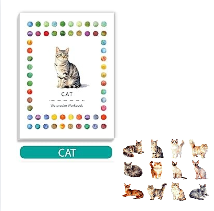 1 cuaderno de acuarela, tamaño:  5.9" x 7.87" -  12 patrones de diseños originales para colorear para adultos aptos para principiantes Tema: Gatitos