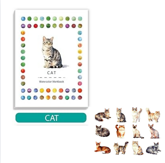 1 cuaderno de acuarela, tamaño:  5.9" x 7.87" -  12 patrones de diseños originales para colorear para adultos aptos para principiantes Tema: Gatitos