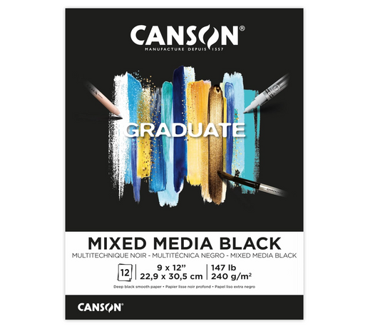 Canson Graduate - Bloc de medios mixtos negro, plegable, 9 x 12 pulgadas, 12 hojas, papel de artista para collage, acuarela, tinta, lápiz, marcador