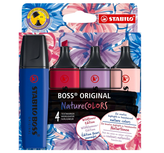 STABILO BOSS ORIGINAL NatureCOLORS Wildflowers Edition - Resaltador - Paquete de 4 - Rubor, Borgoña, Gris Violeta y Ultramar