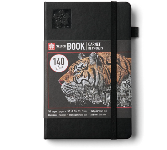 Sakura Cuaderno de bocetos A5 - Cuaderno de dibujo para diario visual, bocetos sin esfuerzo y uso personal - Papel de 140 GSM - Tapa dura - 160 páginas - 5.1 x 8.3 pulgadas - Negro - Papel negro