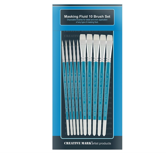Creative Mark Pinceles de pintura líquida para enmascarar (juego de 10) – Pinceles de acuarela contienen pelo sintético con asas cortas de madera