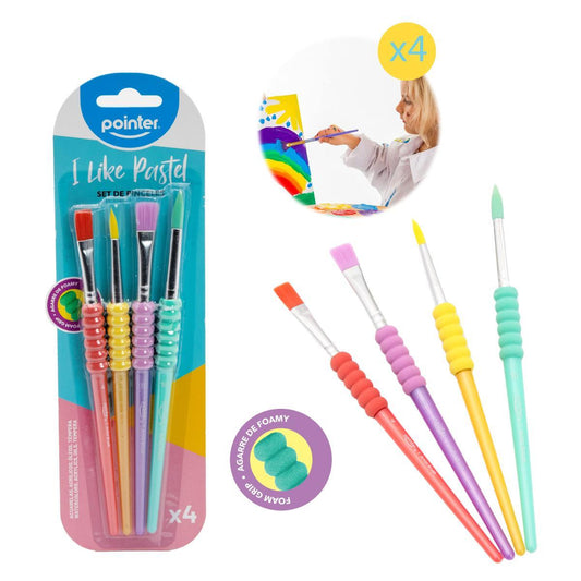 Pointer - Pincel madera liso con agarre foamy 4und pastel surtido