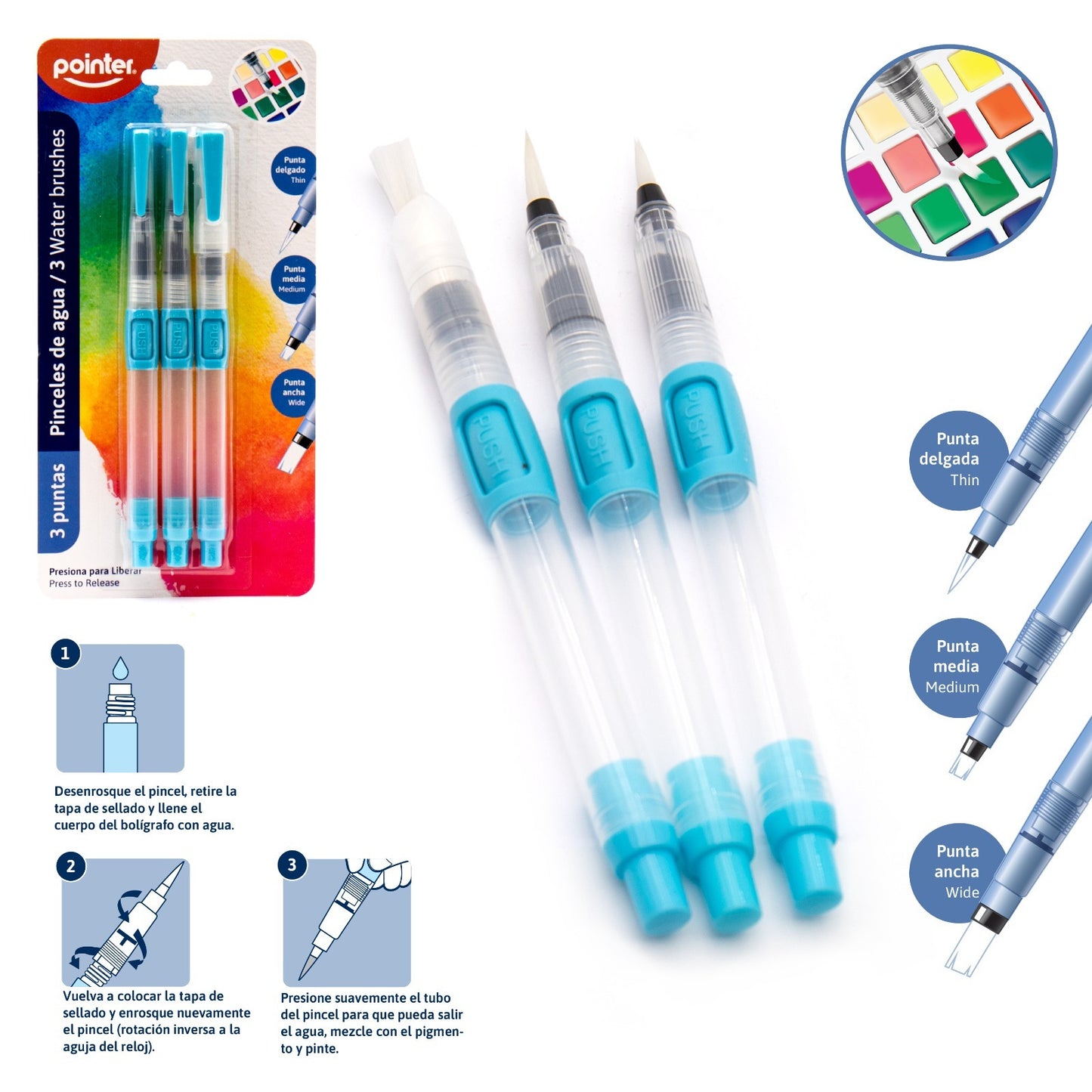Pointer - Juego de Pinceles Aqua Brush Grandes 3 Pzs.