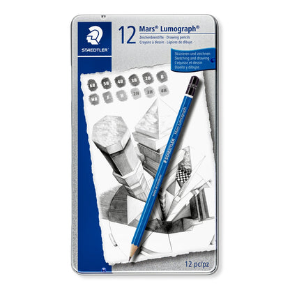 Staedtler - Mars® Lumograph® 100 Estuche de metal con 12 lápices de dibujo, graduaciones: 6B - 4H