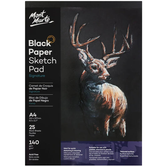 Mont Marte - Bloc de dibujo de papel negro Signature, 140 g/m², A4, 25 hojas