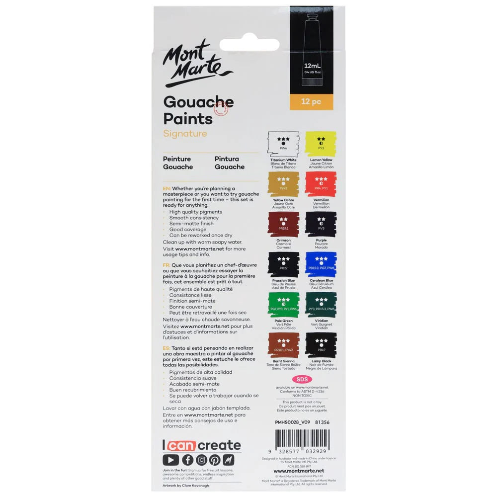 Mont Marte - Set de pinturas gouache Signature, 12 unidades x 12 ml (0,4 onzas líquidas