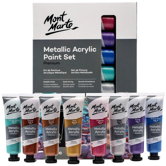 Mont Marte - Juego de pintura acrílica metálica premium, 8 piezas x 36 ml (1,2 onzas líquidas)