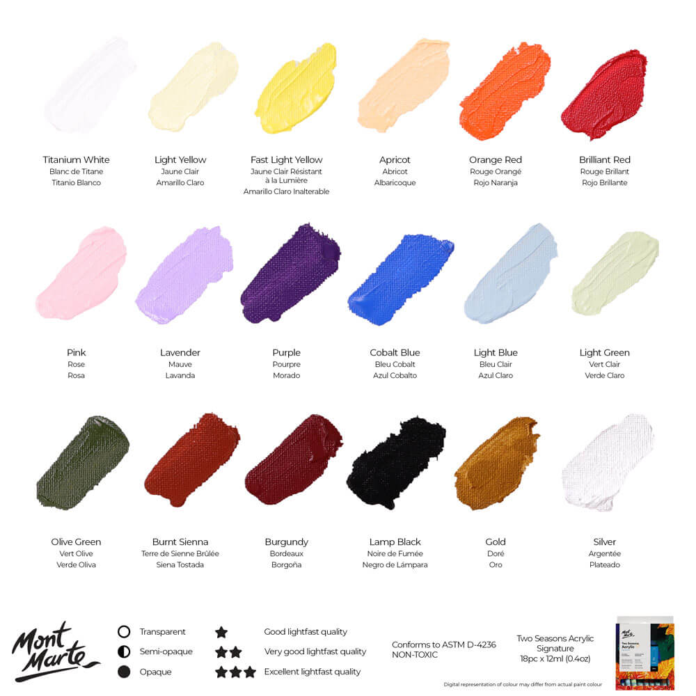 Mont Marte -Pintura acrílica Two Seasons, 18 unidades de 12 ml (0,4 onzas líquidas estadounidenses)