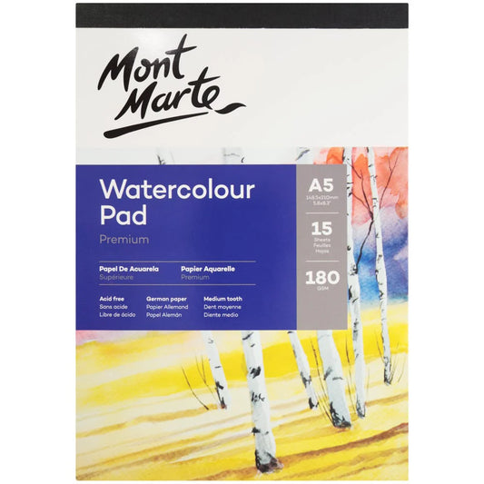 Mont Marte - Bloc de acuarela, papel premium, A5, 180 g/m², 15 hojas