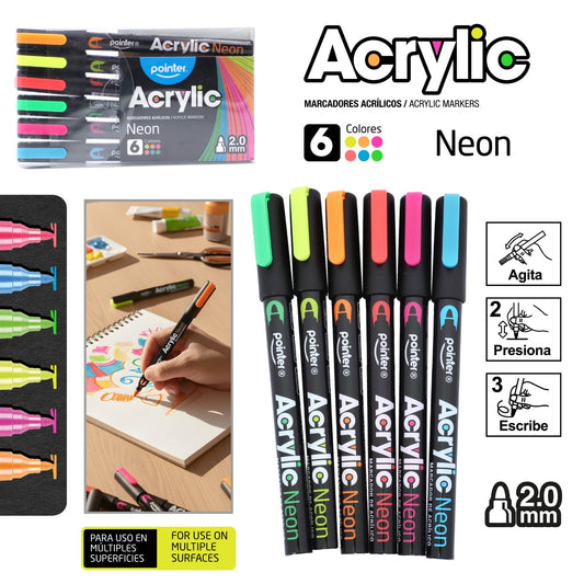 Marcadores Acrilicos Pointer Neon Set De 6 Colores 2.0mm Neón