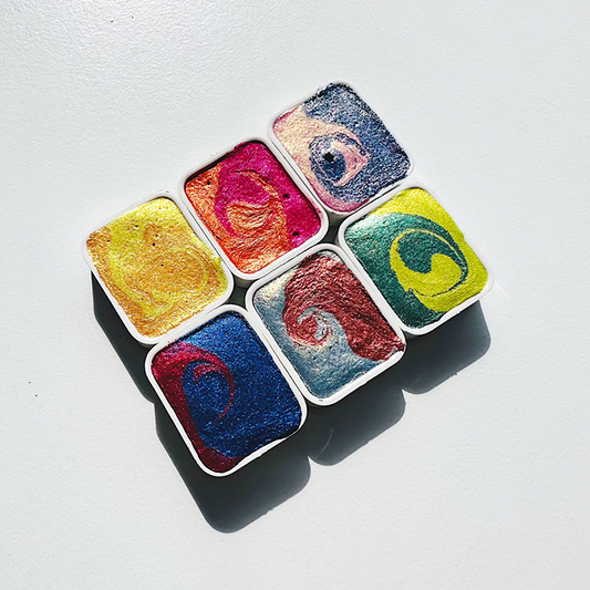 TheoryTheShop - Set Swirly -  Juego de acuarelas hechas a mano con efecto remolino, acuarela metálica