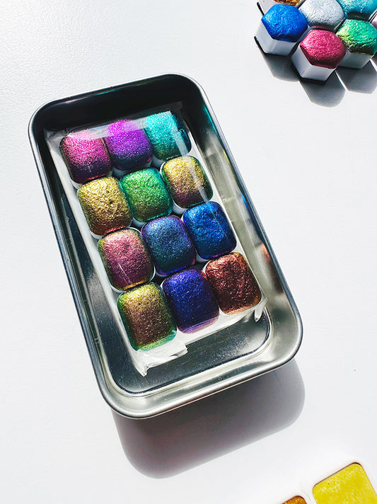 TheoryTheShop - Set BOLD Series -Acuarela Colorshift para regalo de artista BOLD SERIES mini pastillas INTENSE juego de 12 mini pastillas de acuarela camaleón paleta de acuarela con caja de lata