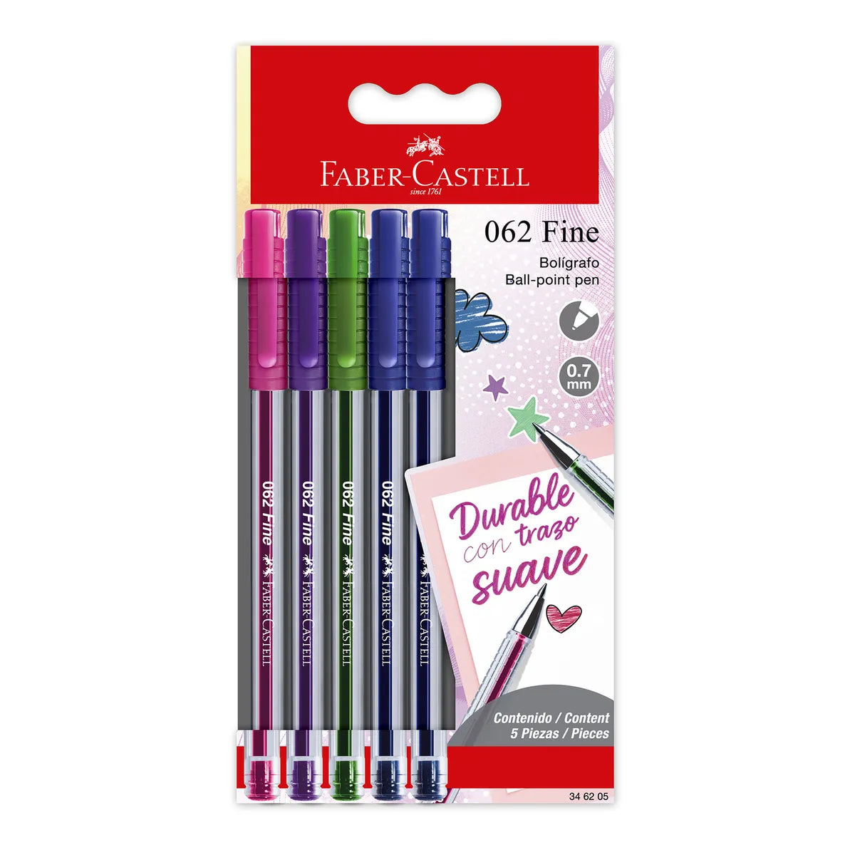 Faber Castell - Bolígrafo 2 Azules, 1 Rosa, 1 Violeta, 1 Verde Blíster 5 Und